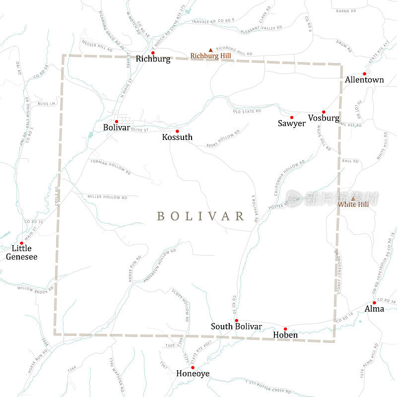 纽约Allegany Bolivar矢量路线图